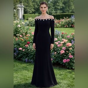 Azzurielle Navy Off-Shoulder Long Formal Gown with Crystal Embellished Neckline